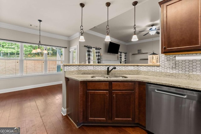 1929 Windstone Pl, Winder, GA 30680 - kitchen featuring a sink, backsplash, a peninsula, stainless steel dishwasher, and visible vents