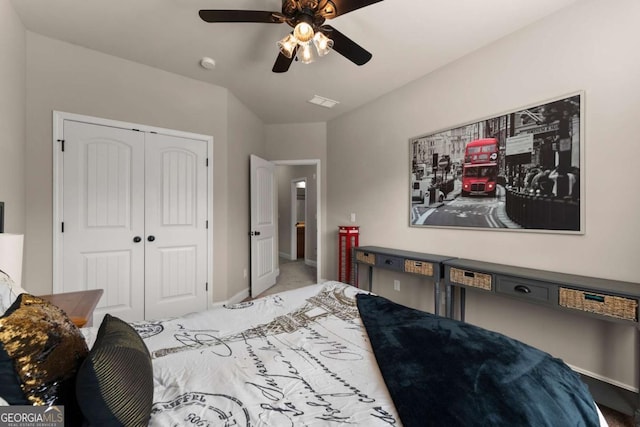 1929 Windstone Pl, Winder, GA 30680 - bedroom with a closet, visible vents, baseboards, ceiling fan, and carpet flooring