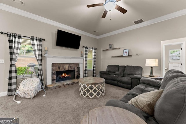 1929 Windstone Pl, Winder, GA 30680 - living room with visible vents, crown molding, carpet, and ceiling fan