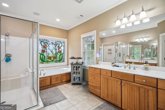 201 Wilderness Knl, Big Canoe, GA 30143 - full bath with tile patterned flooring, vanity, ornamental molding, a garden tub, and a stall shower