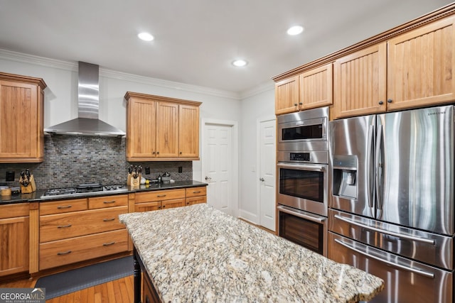 201 Wilderness Knl, Big Canoe, GA 30143 - kitchen featuring wall chimney range hood, appliances with stainless steel finishes, light stone counters, backsplash, and ornamental molding
