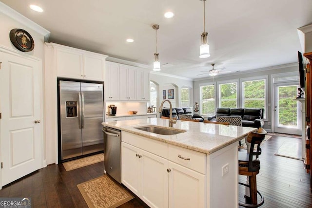 1040 Peyton View Ct, Alpharetta, GA 30004 - kitchen with a sink, appliances with stainless steel finishes, crown molding, and ceiling fan