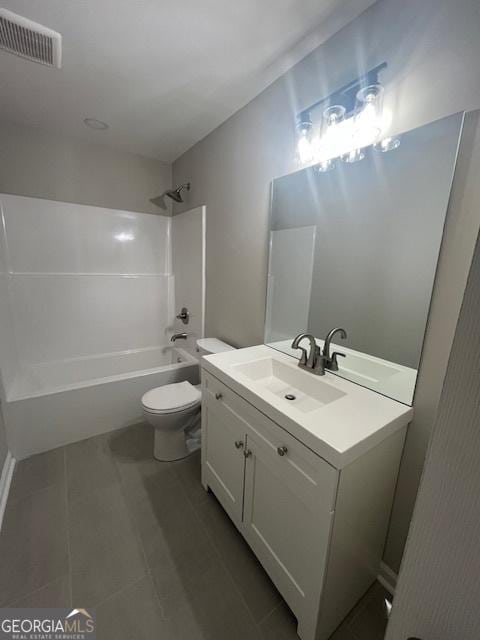 bathroom featuring vanity, toilet, tile patterned floors, shower / bathing tub combination, and visible vents