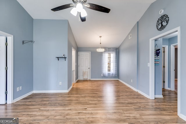 447 Wallace Way, Rockmart, GA 30153 - entrance foyer with lofted ceiling, wood finished floors, ceiling fan, and baseboards
