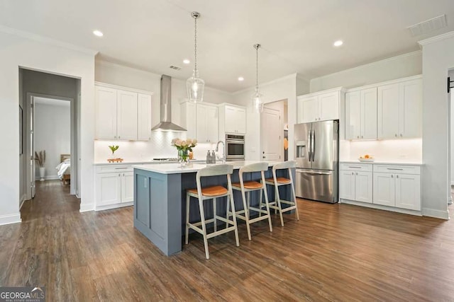 242 Fieldbrook Xing, Canton, GA 30115 - kitchen with wall chimney range hood, appliances with stainless steel finishes, and crown molding