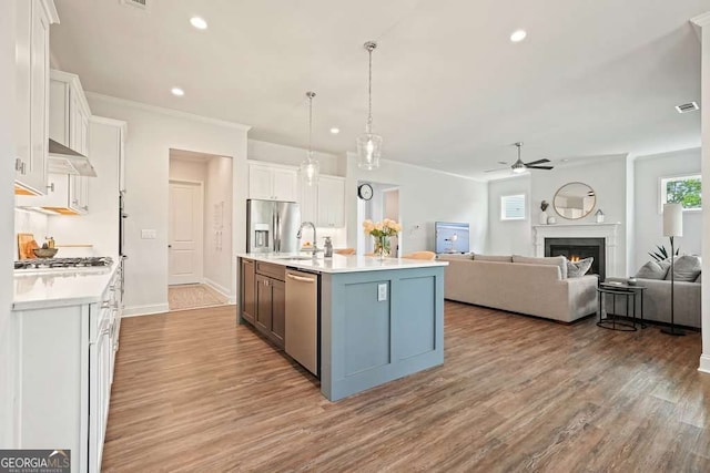 242 Fieldbrook Xing, Canton, GA 30115 - kitchen with a ceiling fan, appliances with stainless steel finishes, light countertops, white cabinets, and open floor plan