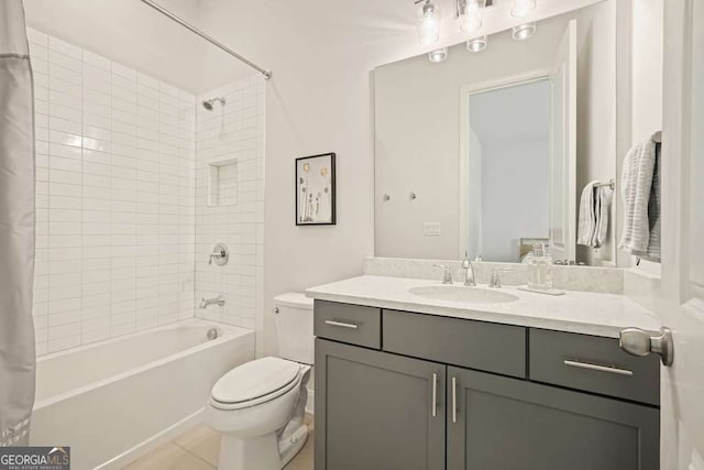 242 Fieldbrook Xing, Canton, GA 30115 - bathroom featuring toilet, shower / bath combo with shower curtain, tile patterned flooring, and vanity
