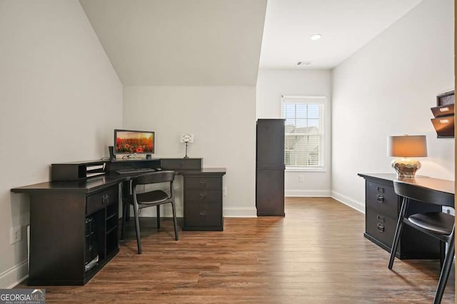 242 Fieldbrook Xing, Canton, GA 30115 - office area with baseboards, visible vents, wood finished floors, and lofted ceiling