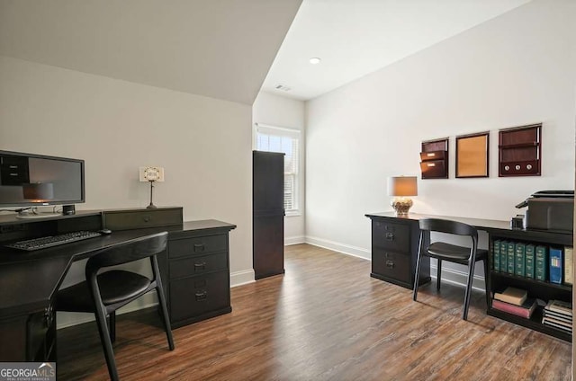 242 Fieldbrook Xing, Canton, GA 30115 - home office featuring baseboards, dark wood-style floors, and visible vents