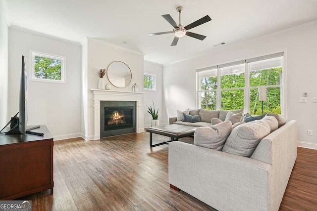 242 Fieldbrook Xing, Canton, GA 30115 - living room featuring crown molding, dark wood-type flooring, baseboards, and ceiling fan