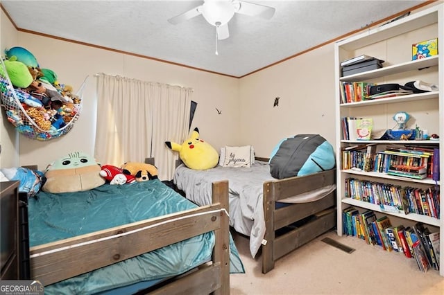 1575 Davis Rd W, Fairmount, GA 30139 - carpeted bedroom with crown molding, a ceiling fan, and a textured ceiling