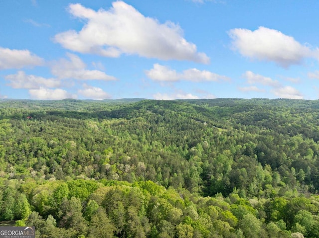 bird's eye view featuring a wooded view