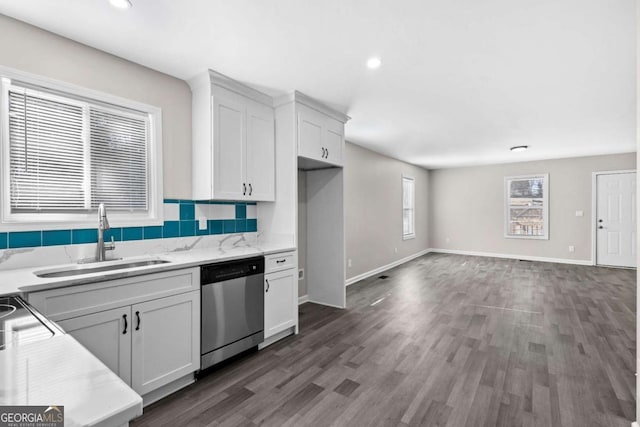 kitchen featuring a sink, white cabinetry, baseboards, wood finished floors, and stainless steel dishwasher