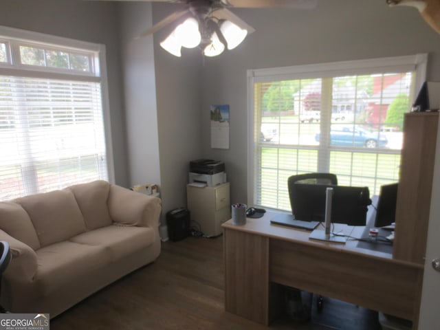 105 Wieland Dr, Kathleen, GA 31047 - office area featuring ceiling fan and wood finished floors