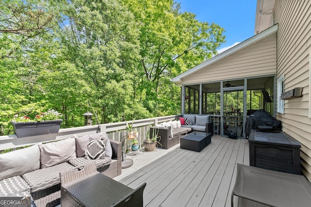 1536 Enota Ave NE, Gainesville, GA 30501 - wooden deck with an outdoor living space, a sunroom, and grilling area