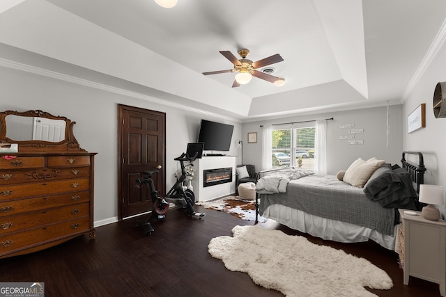 1536 Enota Ave NE, Gainesville, GA 30501 - bedroom with a tray ceiling, wood finished floors, a glass covered fireplace, ornamental molding, and a ceiling fan