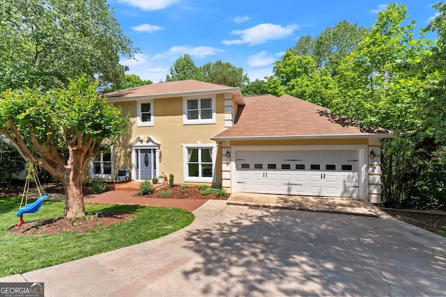 1536 Enota Ave NE, Gainesville, GA 30501 - view of front of property with driveway, a garage, stucco siding, a shingled roof, and a front lawn