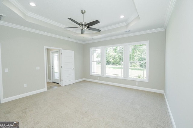 unfurnished bedroom with a tray ceiling, light colored carpet, ornamental molding, and baseboards