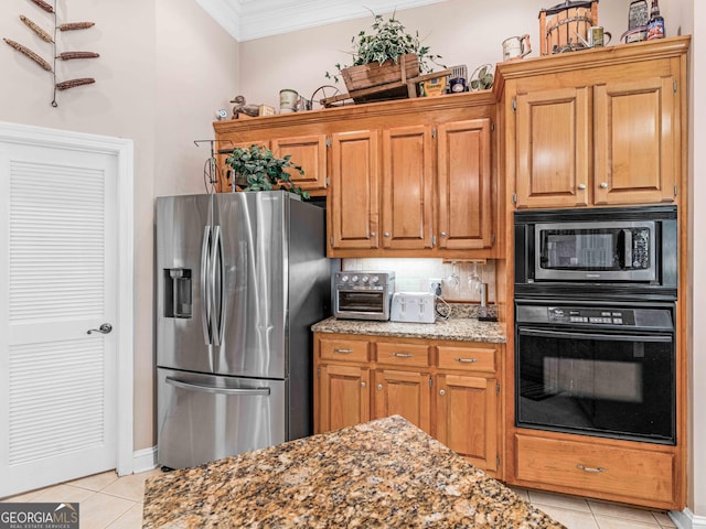 kitchen featuring light tile patterned floors, backsplash, ornamental molding, and stainless steel appliances