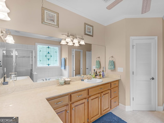 bathroom featuring a stall shower, a bath, tile patterned floors, vanity, and crown molding