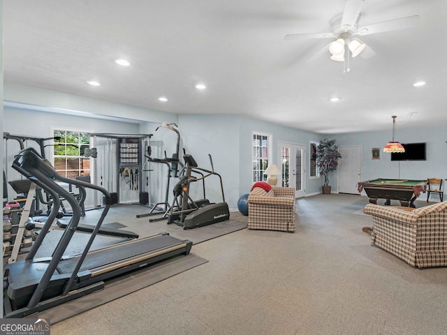 exercise area featuring french doors, billiards, baseboards, and recessed lighting
