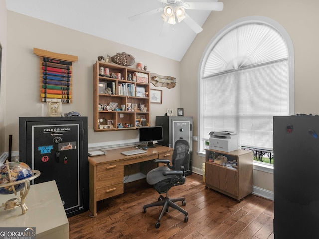 home office featuring lofted ceiling, ceiling fan, and dark wood-type flooring
