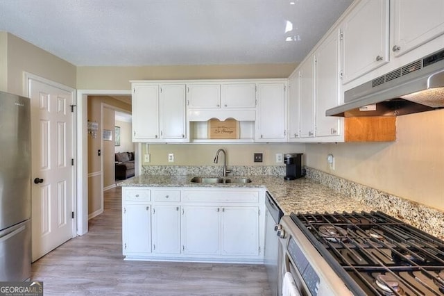 3716 Meeting St, Duluth, GA 30096 - kitchen with a sink, under cabinet range hood, white cabinets, and appliances with stainless steel finishes