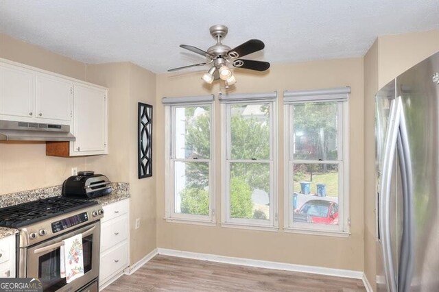 3716 Meeting St, Duluth, GA 30096 - kitchen featuring stainless steel appliances, under cabinet range hood, a wealth of natural light, a ceiling fan, and baseboards