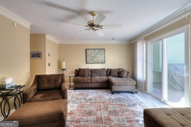 3716 Meeting St, Duluth, GA 30096 - living room featuring ceiling fan, ornamental molding, and wood finished floors