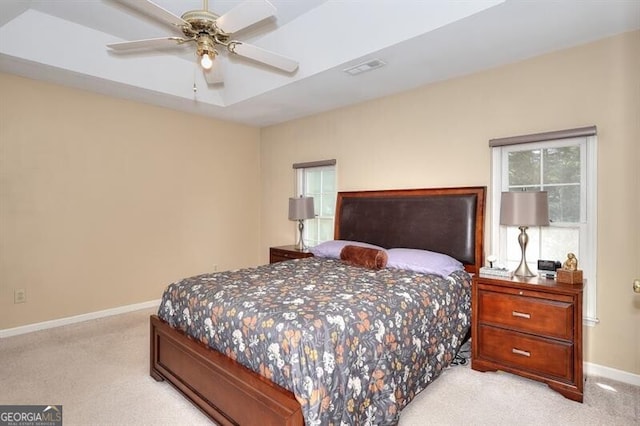 3716 Meeting St, Duluth, GA 30096 - bedroom featuring light colored carpet, visible vents, baseboards, and a ceiling fan