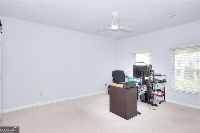 3716 Meeting St, Duluth, GA 30096 - home office with light carpet, baseboards, and a ceiling fan