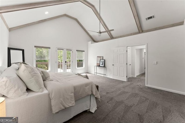 800 Breckinridge Rd SW, Marietta, GA 30064 - bedroom with french doors, visible vents, high vaulted ceiling, baseboards, and carpet floors
