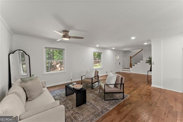 800 Breckinridge Rd SW, Marietta, GA 30064 - living area featuring stairs, recessed lighting, baseboards, wood finished floors, and ornamental molding