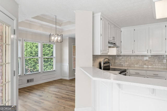 kitchen with under cabinet range hood, white cabinets, visible vents, and light wood-type flooring