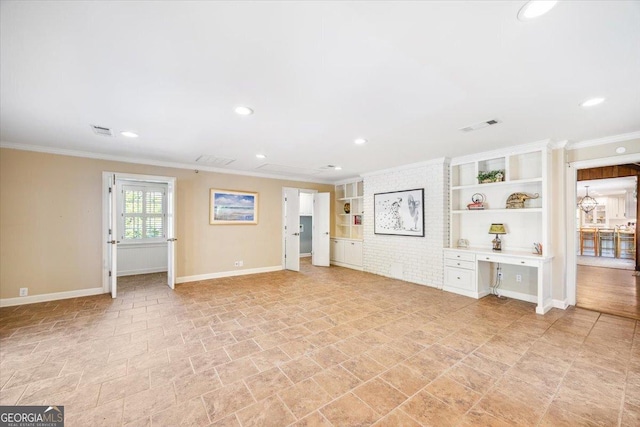 4802 Wesleyan Woods Dr, Macon, GA 31210 - unfurnished living room featuring baseboards, visible vents, ornamental molding, and built in features