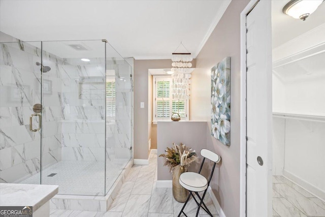 4802 Wesleyan Woods Dr, Macon, GA 31210 - bathroom with a marble finish shower, ornamental molding, baseboards, and marble finish floor