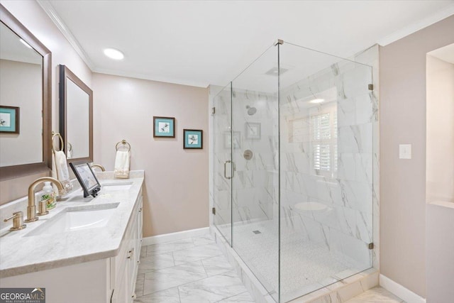 4802 Wesleyan Woods Dr, Macon, GA 31210 - bathroom with vanity, a marble finish shower, marble finish floor, baseboards, and ornamental molding