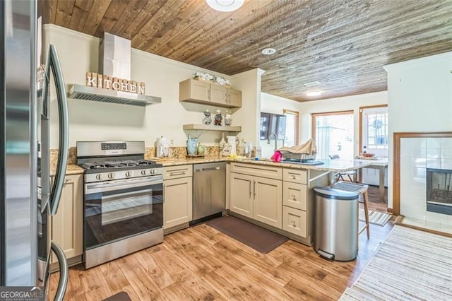kitchen featuring appliances with stainless steel finishes, open shelves, wooden ceiling, a peninsula, and wall chimney exhaust hood