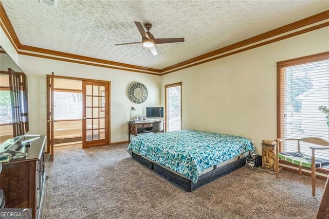 9959 Point View Dr, Jonesboro, GA 30238 - bedroom with ornamental molding, a textured ceiling, french doors, and multiple windows