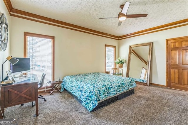 9959 Point View Dr, Jonesboro, GA 30238 - bedroom featuring a textured ceiling, multiple windows, ornamental molding, and carpet floors