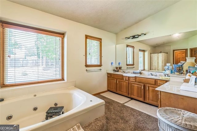 9959 Point View Dr, Jonesboro, GA 30238 - bathroom featuring vaulted ceiling, vanity, a whirlpool tub, and plenty of natural light