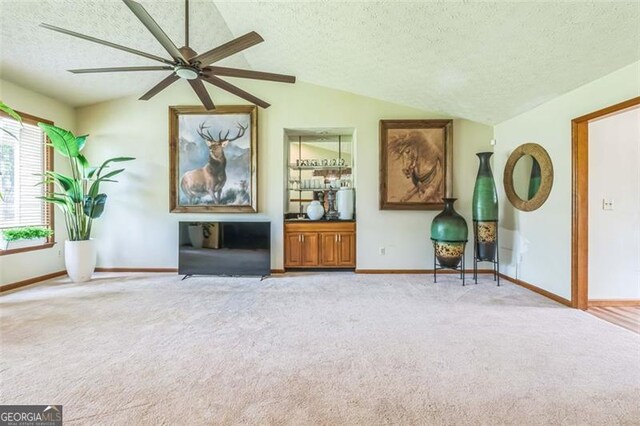 9959 Point View Dr, Jonesboro, GA 30238 - living area with a ceiling fan, carpet, a textured ceiling, and lofted ceiling