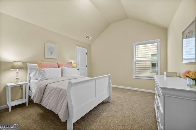 bedroom featuring visible vents, baseboards, light colored carpet, and lofted ceiling