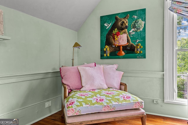bedroom featuring vaulted ceiling, multiple windows, and wood finished floors