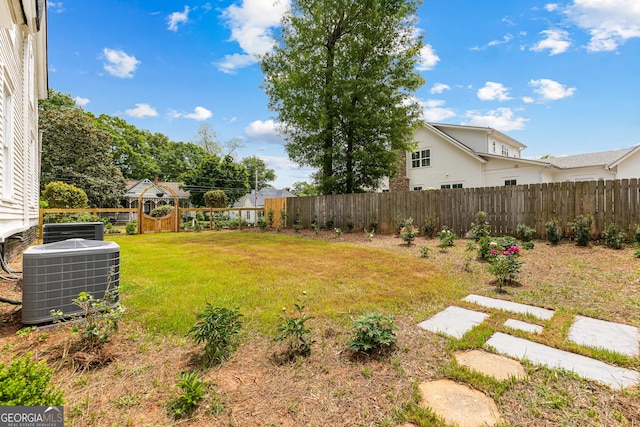 view of yard featuring central AC unit and a fenced backyard