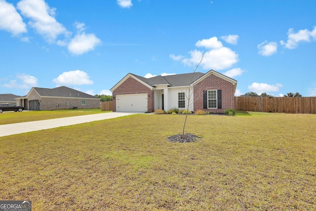 481 Akins Ranch Rd NE, Ludowici, GA 31316 - ranch-style home with a garage, fence, a front yard, brick siding, and driveway