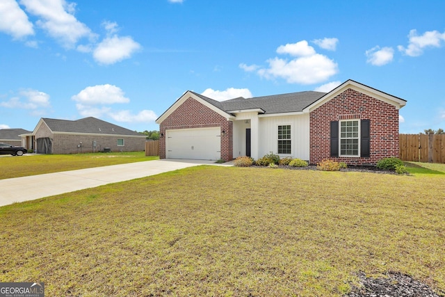481 Akins Ranch Rd NE, Ludowici, GA 31316 - ranch-style home with fence, an attached garage, a front lawn, brick siding, and concrete driveway