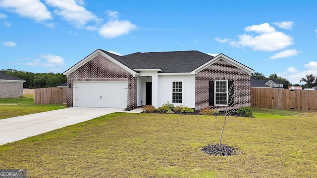 481 Akins Ranch Rd NE, Ludowici, GA 31316 - ranch-style house with an attached garage, a front lawn, fence, and concrete driveway
