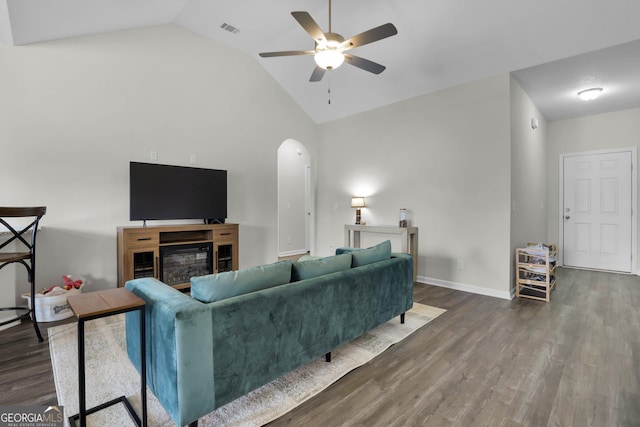 481 Akins Ranch Rd NE, Ludowici, GA 31316 - living area featuring arched walkways, a ceiling fan, wood finished floors, and visible vents