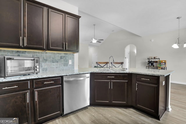 481 Akins Ranch Rd NE, Ludowici, GA 31316 - kitchen with stainless steel dishwasher, light wood-style flooring, a sink, and ceiling fan with notable chandelier